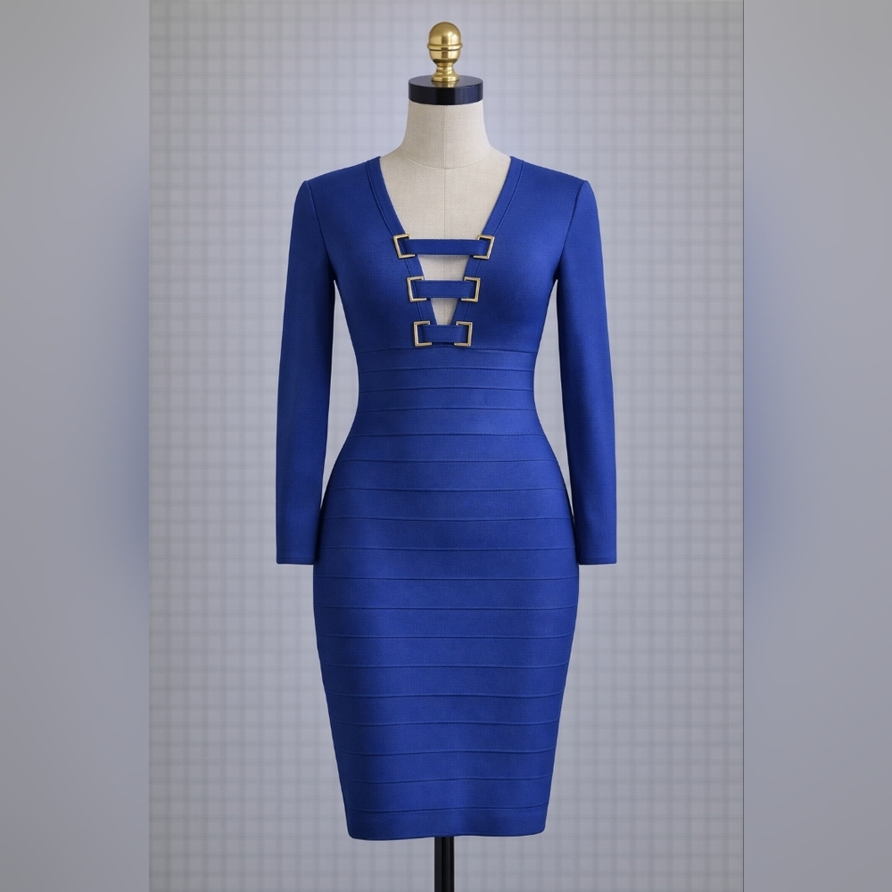 Guess by Marciano Royal Blue Long-Sleeve Bandage Dress with Gold Accents
